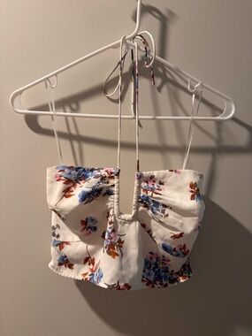 Abercrombie & Fitch White Floral Halter Crop Top with Blue & Rust Flowers